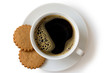 A cup of black coffee with two gingerbread biscuits isolated on white from above. White ceramic cup and saucer.