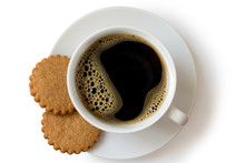 A Cup Of Black Coffee With Two Gingerbread Biscuits Isolated On White From Above. White Ceramic Cup And Saucer.