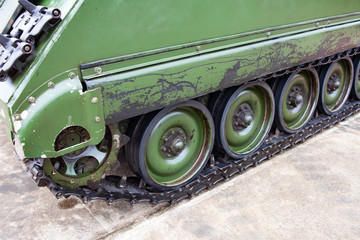 Military tank wheel close up detail.