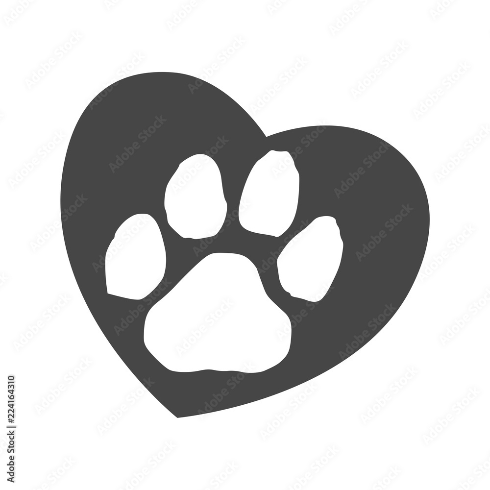 Silhouette of a paw print with a heart symbol - obrazy, fototapety, plakaty 