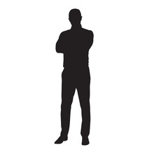 Business Man In Shirt Standing With Folded Arms, Isolated Vector Silhouette. Front View