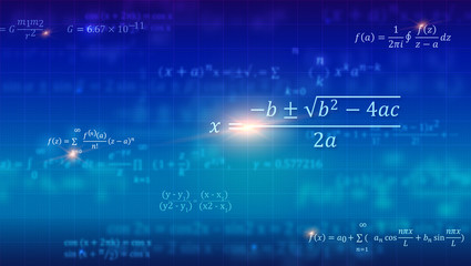 Mathematical formulas. Abstract blue background with Math equations floating on school blackboard. Vector 3D illustration. Symbol of study algebra, arithmetic, physics and exact Sciences