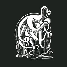 Vector Monster Octopus Tentacles Flow Slime. Logo For Halloween. Drawing Creepy Cephalopod Mollusk Illustration Print Art On Black Background.