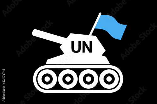 Fotografie, Obraz Tank of United Nations Peacekeeping Forces - white armed vehicle with blue waving flag