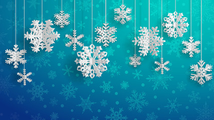 Christmas illustration with white three-dimensional paper snowflakes hanging on light blue background