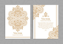 Gold And White Vintage Greeting Card. Luxury Vector Ornament Template. Great For Invitation, Flyer, Menu, Brochure, Postcard, Background, Wallpaper, Decoration, Packaging Or Any Desired Idea