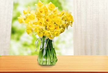 Wall Mural - Narcissus flowers in vase on wooden background