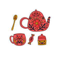 Vector Set Of Candy, Cupcake, Spoon,  Teapot And Cup.