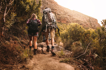 friends with backpacks hiking in mountain