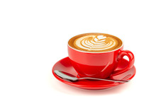 Side View Of Hot Latte Coffee With Latte Art In A Bright Red Cup And Saucer Isolated On White Background With Clipping Path Inside.