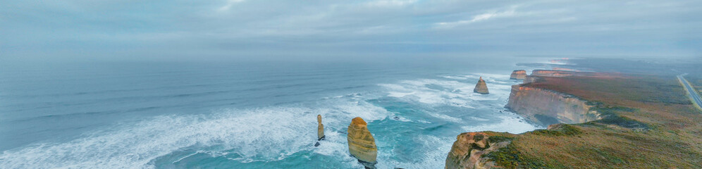 Wall Mural - Panoramic aerial view of Twelve Apostles on a beautiful spring sunrise, Port Campbell National Park, Victoria - Australia