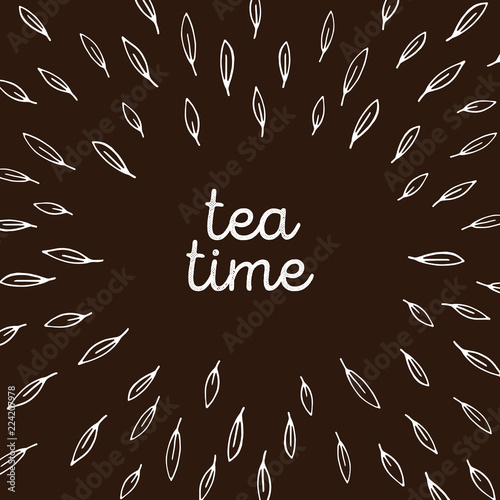 Doodle Simple Square Frame With Outline Tea Leafs On Dark Brown