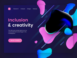 Dark landing page template with a liquid futuristic background - Inclusion and Creativity, can be used for innovation startup, development and creative dynamic web sites.