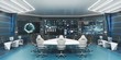 Command center interior, 3D rendering, futuristic conference room