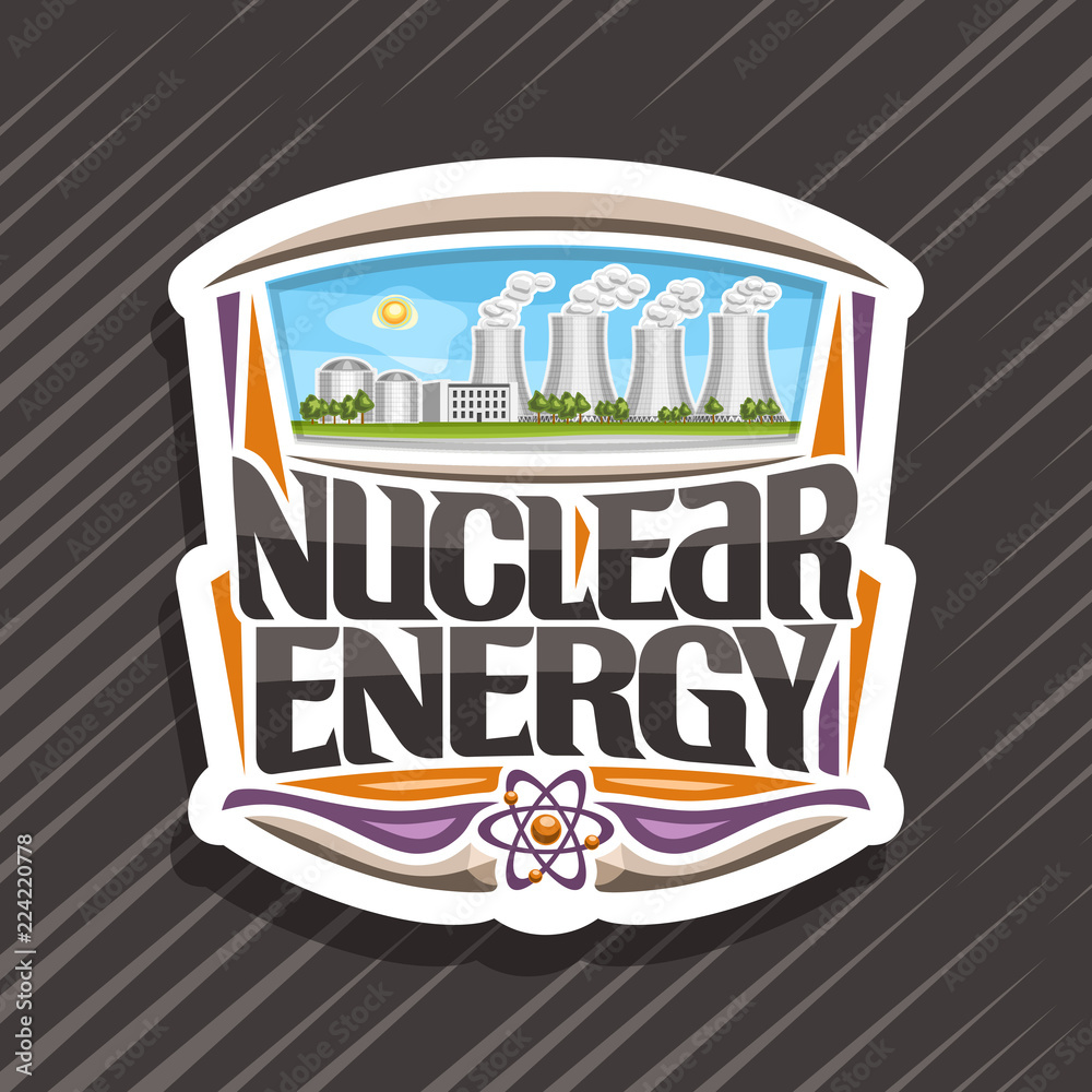 Vector logo for Nuclear Energy, white decorative tag with modern atomic ...
