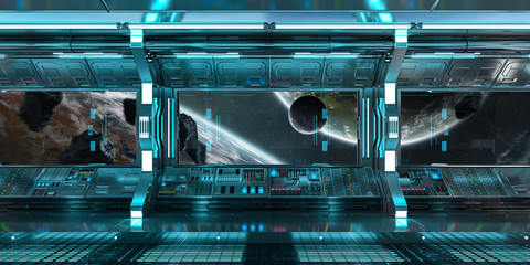 Poster - Blue spaceship interior control panel station 3D rendering
