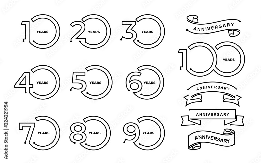 Set of anniversary pictogram icon 10, 20, 30, 40, 50, 60, 70, 80, 90, 100 Thin line minimal template years birthday logo label, black and white stamp. Vector illustration. Isolated on white background - obrazy, fototapety, plakaty 