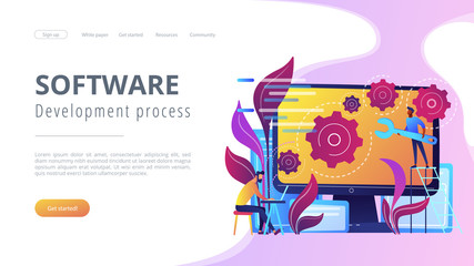 Poster - People configure the application on the big LCD screen with gears. Back end development it concept. Software development process. Violet palette. Back-end concept. Website landing web page template.