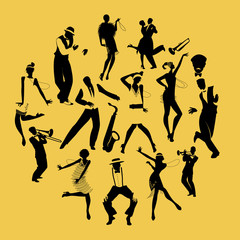 silhouettes of dancers dancing charleston and jazz musicians