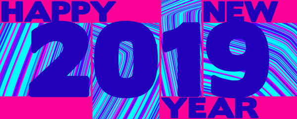 Poster - New Year card with blue '2019' on striped neon background