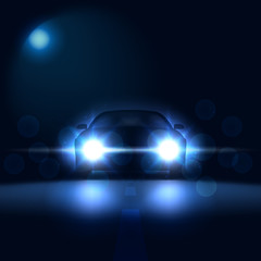 Car at night with bright headlights on a dark background with bokeh, car silhouette with xenon headlights, vector illustration