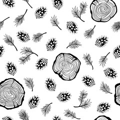 Forest vector seamless pattern with pine branches, pine cones and tree rings