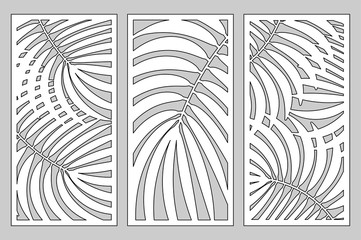 Set Decorative card for cutting. Leaves foliage palms fern
 pattern. Laser cut. Ratio 1:2. Vector illustration.