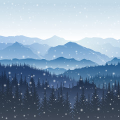 Wall Mural - vector winter landscape with blue silhouettes of mountains and trees in the forest and falling snowf