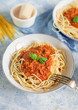 Spaghetti with basil garnish in meat sauce