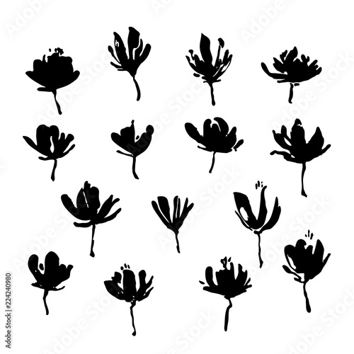 Set Of Hand Drawn Flowers Grunge Style Ink Paint Elements