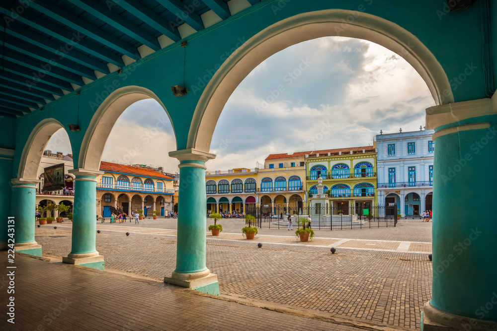 The Old Square or Plaza Vieja from the porch of the Fototeca de Cuba, Old Havana, Cuba. - obrazy, fototapety, plakaty 
