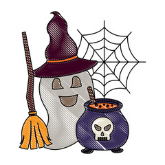 Poster - halloween ghost with hat and broom cauldron