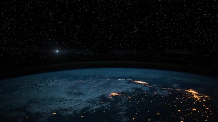 Wall Mural - Cosmic fantasy bright flare burst light burning in star field on earth surface. Contains public domain image by NASA