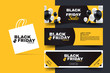 Black friday horizontal promotion web banner set. Sale banners design template. Yellow and black geometric background. Black and white balloons. Minimalistic discount flyers.Vector illustration