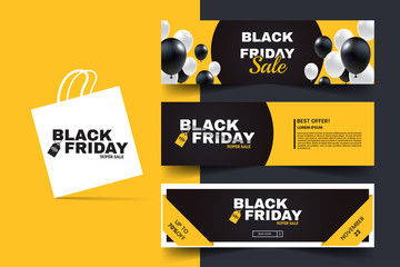Fototapete - Black friday horizontal promotion web banner set. Sale banners design template. Yellow and black geometric background. Black and white balloons. Minimalistic discount flyers.Vector illustration