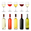 Set with different blank wine bottles and glasses on white background