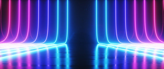 Wall Mural - futuristic sci-fi abstract blue and purple neon light shapes on black background and reflective conc