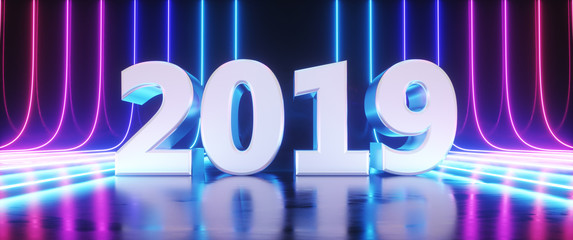 Wall Mural - happy new year 2019 3d rendering illustration,futuristic sci-fi abstract blue and purple neon light 