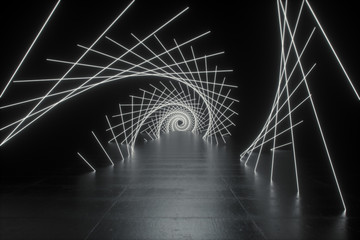 Wall Mural - futuristic sci-fi abstract white neon light shapes on black background and reflective concrete with 