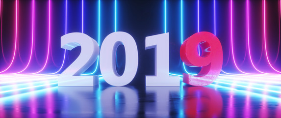Wall Mural - happy new year 2019 3d rendering illustration,futuristic sci-fi abstract blue and purple neon light 
