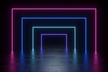 Wall Mural - futuristic sci-fi abstract blue and purple neon light shapes on black background and reflective conc