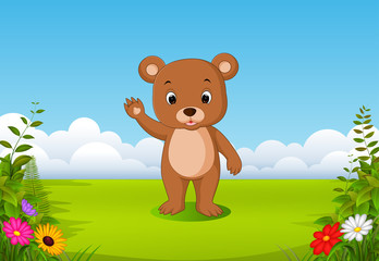 Poster - the natural view with a little brown bear waving his hand 
