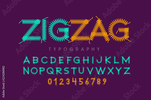 Fotomural Zigzag font stitched with thread, embroidery font alphabet letters and numbers