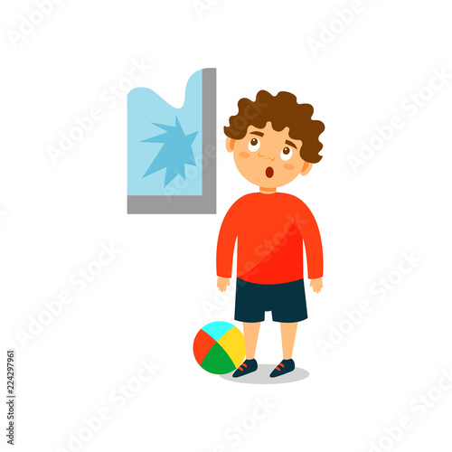 Photo  Cute little bully boy crashed the window with ball vector Illustration on a whit