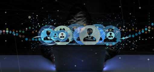 Poster - hacker man holding a professional contact network concept 3d rendering