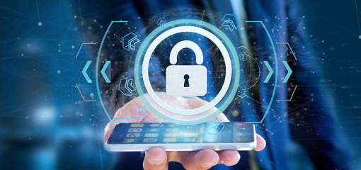 Poster - Man holding a padlock web security concept 3d rendering