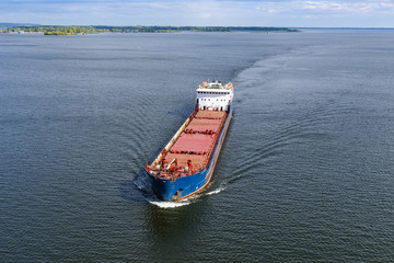 Cargo ship sails along the shore