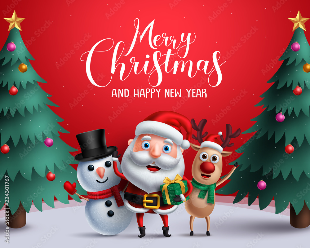 Christmas vector characters like santa claus, reindeer and snowman holding gift with merry christmas greeting and tree in a red background. Vector illustration.
 - obrazy, fototapety, plakaty 