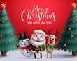 Christmas vector characters like santa claus, reindeer and snowman holding gift with merry christmas greeting and tree in a red background. Vector illustration.
