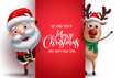 Santa claus and reindeer vector christmas characters holding a board with merry christmas greeting in white background. Vector illustration template.
